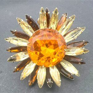 Vintage Judy Lee Sunflower Brooch Faceted Golden Orange Center Yellow Brown Nave